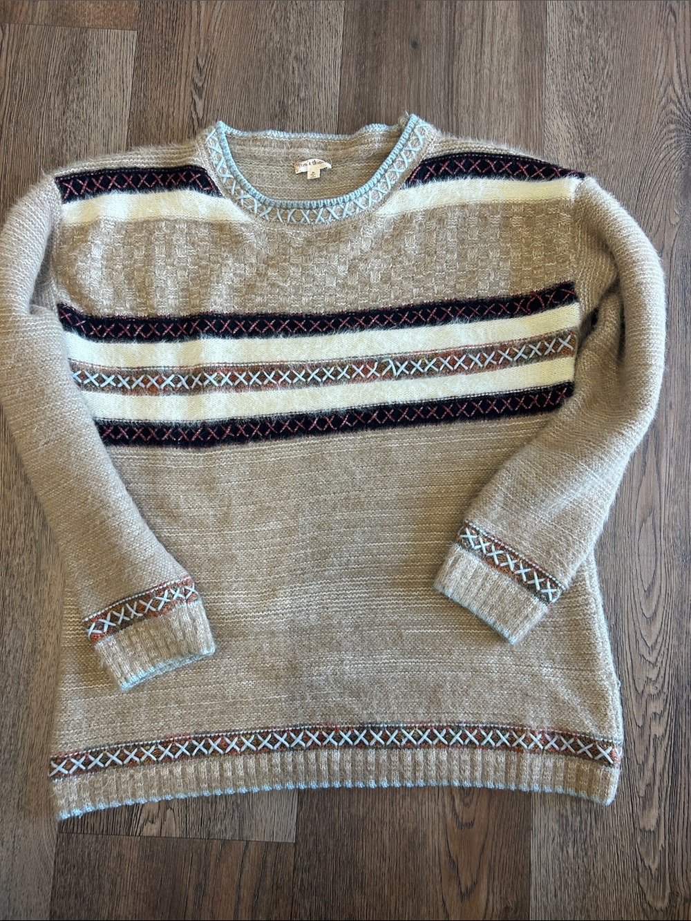 Hem & Thread Tan Striped Crewneck Sweater with Black and Cream Accents